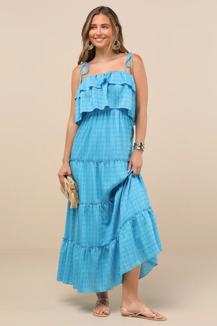 Inaya Aqua Blue Textured Tie-Strap Tiered Maxi Dress | Lulus