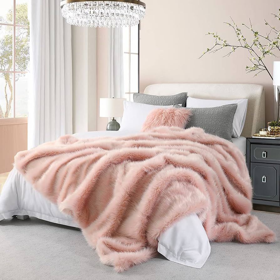 Pink Faux Fur Blanket Queen Size, Luxury Modern Blush Big Fur Blanket, Oversized Super Warm, Fuzz... | Amazon (US)