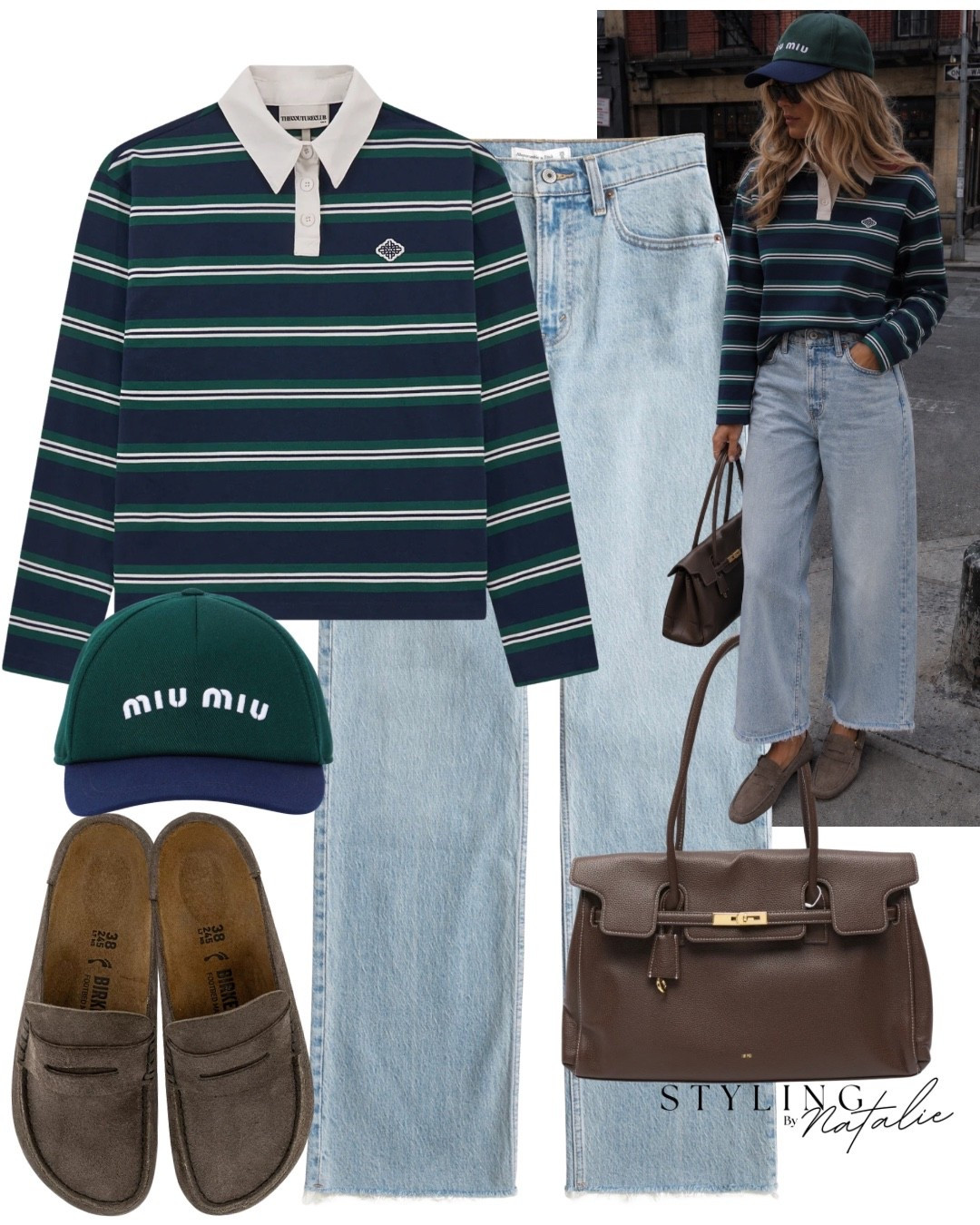 Green and blue long sleeve polo top, Miu Miu baseball cap, light denim relaxed jeans, suede Birkenstock loafers, leather bag.

Elevated casual, transitional outfit, everyday style, cool girl outfit, summer, autumnc early fall fashion, rugby top, Birkenstock Naples @thecoutureclub

#LTKautumn #LTKuk #LTKeurope