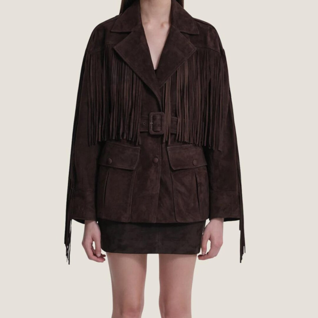 Handmade Dark Brown Suede Fringe Jacket – Western Belted Coat - Etsy UK | Etsy (US)