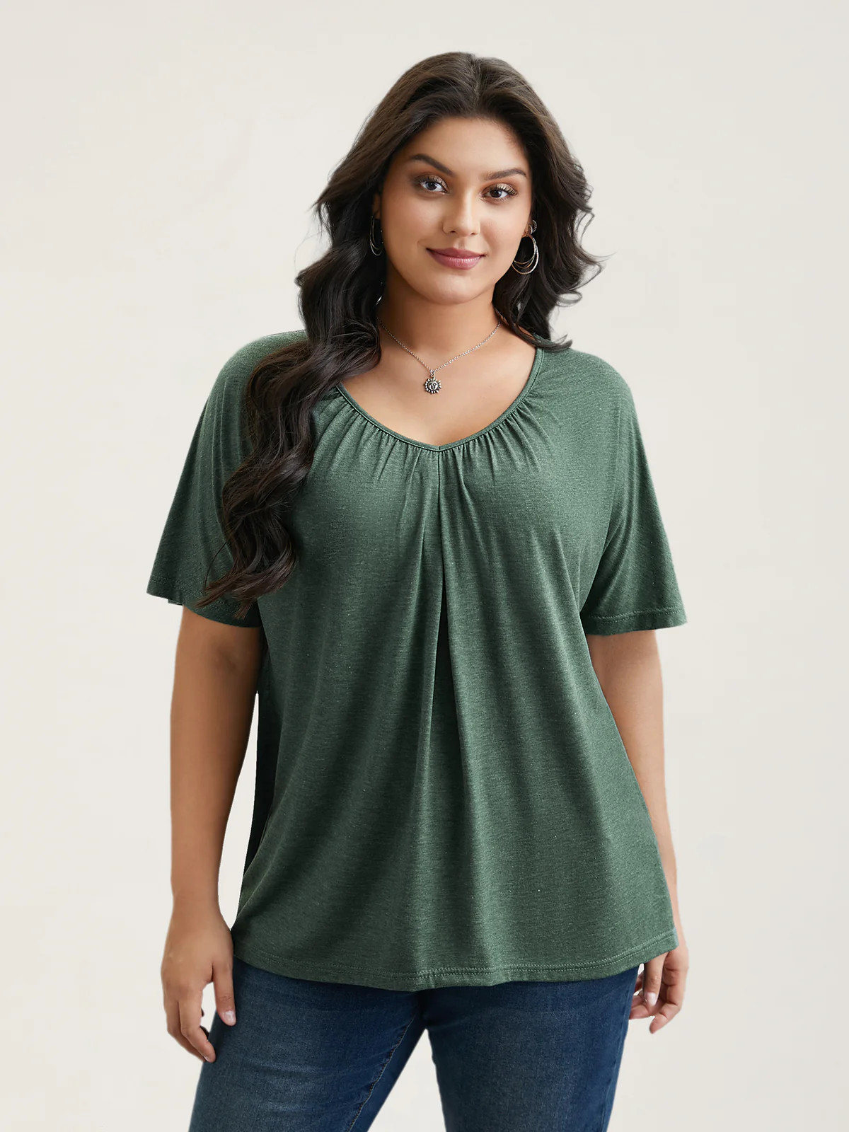 Pleated Plain Half-Sleeve Knit Top | Bloomchic