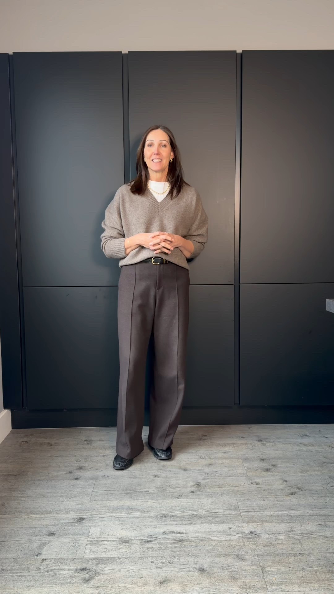 A cosy outfit for a freezing day. Lovely warm brown tones with these soft brushed jersey trousers, the Zara jumper I’m living in atm, my favourite white tee and a necklace from Daisy London. 
I’m in M trousers, medium jumper and a 14 tee x

#LTKuk #LTKover50style #LTKwinter