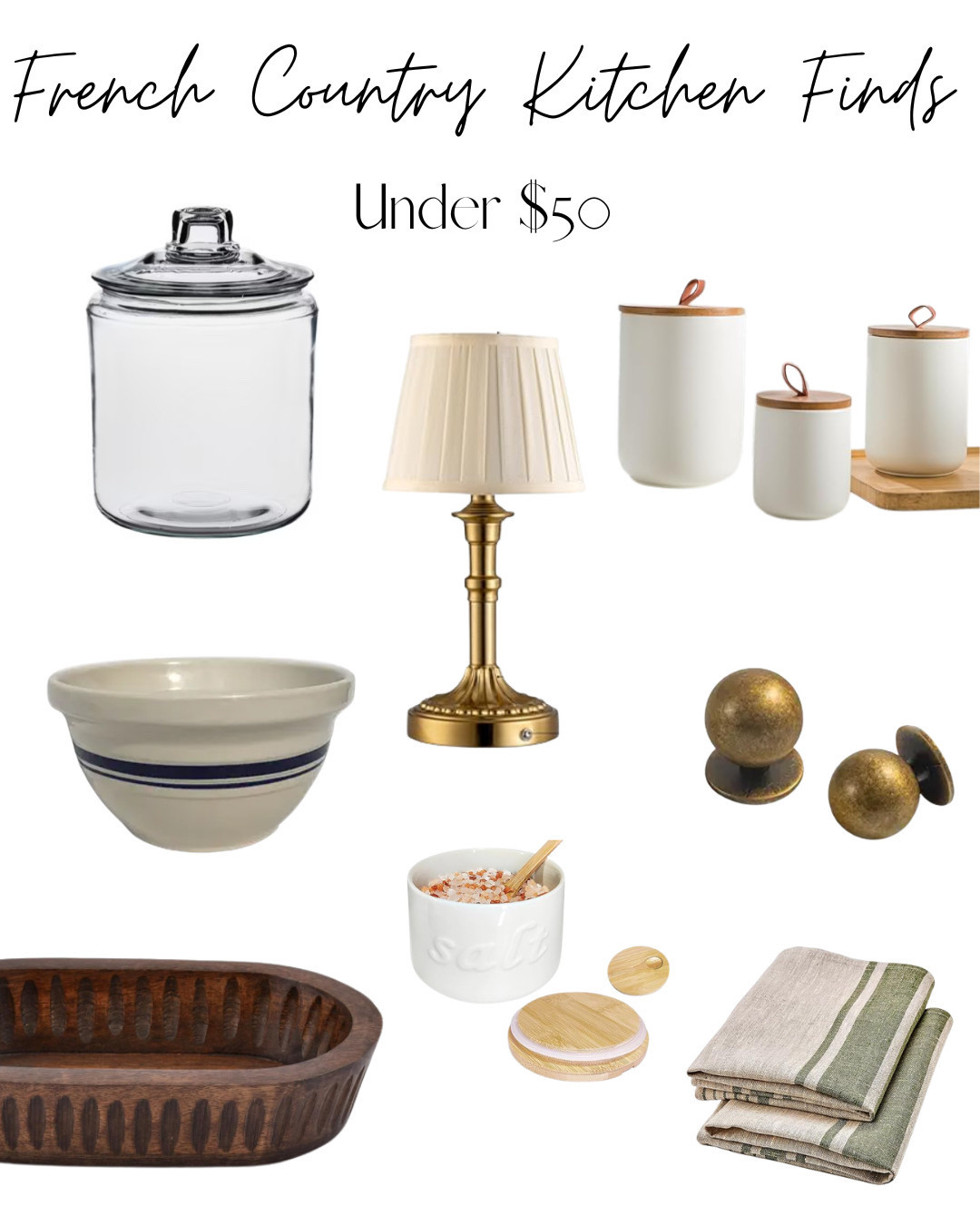 French Country Kitchen Finds Under $50 🤍💙

A curated mix of timeless kitchen essentials that bring that effortless European cottage feel into everyday cooking and styling.

This collection includes a warm wooden bowl perfect for serving or styling, a blue and white ceramic mixing bowl for classic charm, and a petite countertop lamp that adds the prettiest soft glow to your kitchen corners. You’ll also find a stoneware salt cellar for those small but elevated details, linen dishtowels for that relaxed French country texture, and coordinating canisters to keep your counters organized while still looking beautiful.

Simple, functional, and full of old-world charm—these are the pieces that make a kitchen feel collected, not decorated.




#FrenchCountryKitchen #KitchenDecorIdeas #AffordableHomeDecor #Under50Finds #FarmhouseKitchenStyle #EuropeanCottageDecor

#LTKOver40 #LTKHome
