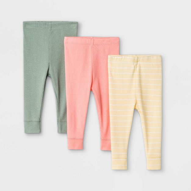 Baby Girls' 3pk Solid and Striped Pull-On Pants - Cloud Island™ Yellow/Pink/Green | Target