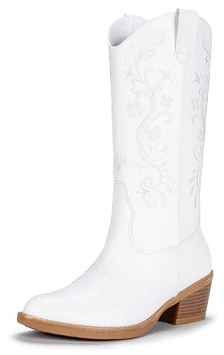 Vepose Women's White Cowgirl Boots, Mid-Calf Slip on Fashion Cowboy Boots, Stylish Embroidered Western Boots with Chunky Heel and Pointy Toe for Ladies, 9802 Size 6 US (CJY9802 white 06) | Amazon (US)