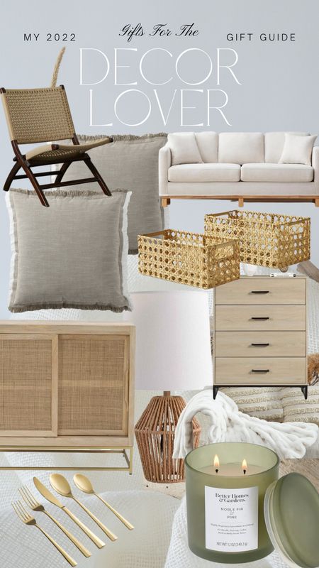 Gift Guide for the Decor Lover. Rattan cabinet. White oak dresser. White cloud couch. Rattan weaved baskets. Rattan mini desk lamp. Faux fur throw blanket. Throw pillow minimalistic. Rattan folding chair. Noble fir and pine candle. Gold dinnerware set. Walmart home decor finds. 

#LTKSeasonal #LTKGiftGuide #LTKHoliday