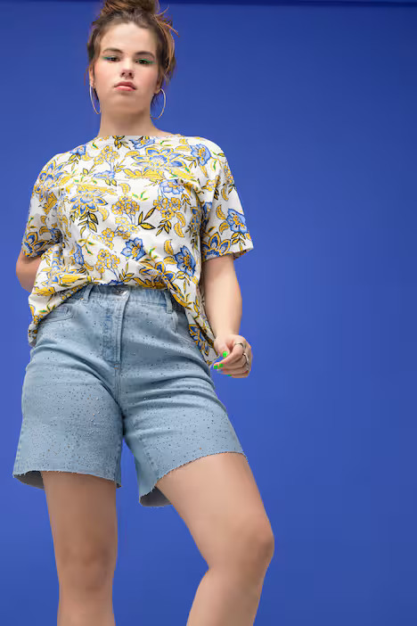 Jeans-Shorts, Wide Legs, High Waist, Ziersteinchen, Destroy-Effekte, 5-Pocket, Elastikbund, | Ulla Popken DE