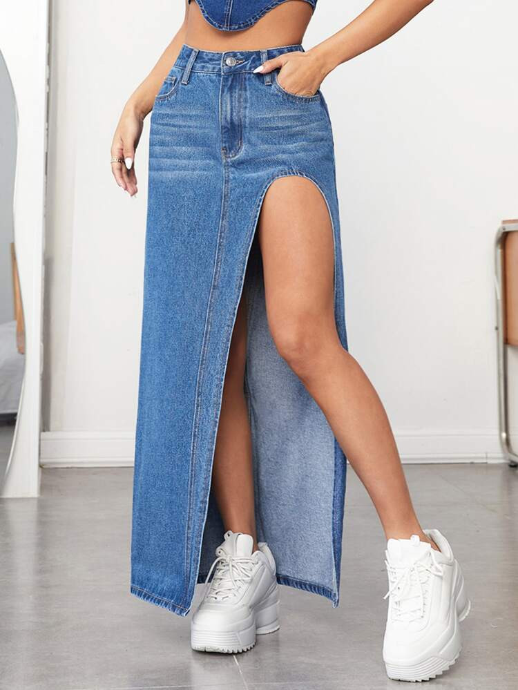 High Waist Split Thigh Denim Skirt | SHEIN