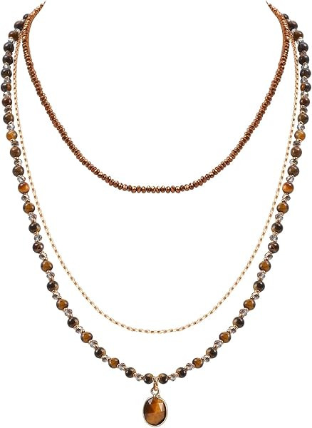 Bohemian Beaded Choker Necklaces for Women Handmade Multilayered Hippie Boho Natural Stone Tiger ... | Amazon (US)