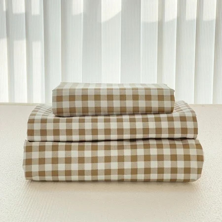 Tan Gingham Queen Sheet Set, Soft Brushed Microfiber Taupe Plaid Checked Queen Bed Sheets, 4-Pieces Brown Grid Sheet Set with Deep Pocket | Walmart (US)