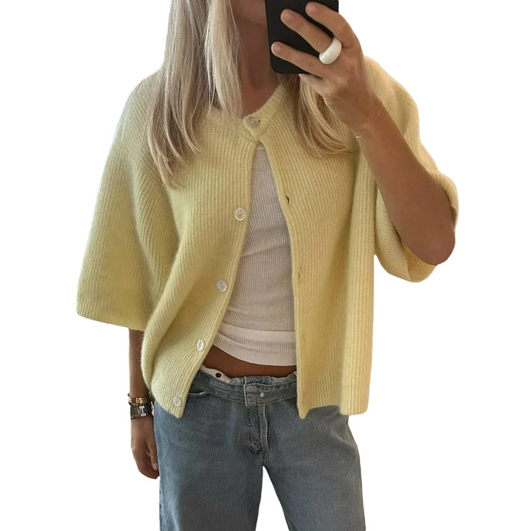 Kupretty Women's Solid Color Cardigan Short Sleeve Button Down Sweater - Walmart.com | Walmart (US)