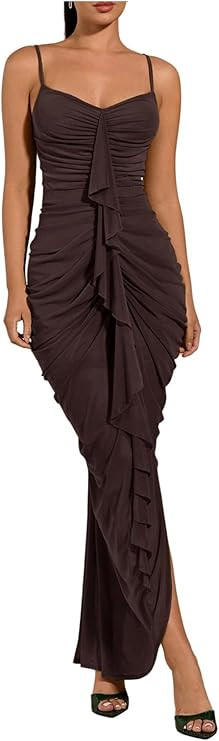 Floerns Women's Ruffle Ruched Cami Dress Draped Split Elegant Bodycon Maxi Dresses | Amazon (US)