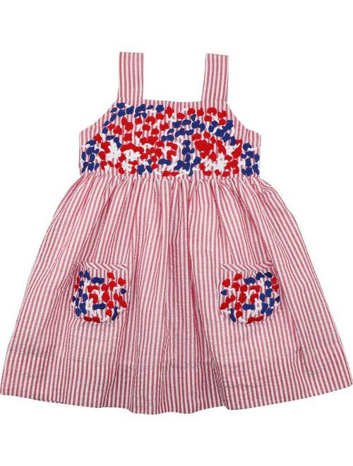 Red And Navy Seersucker Embroidered Fiesta Dress | Cecil and Lou