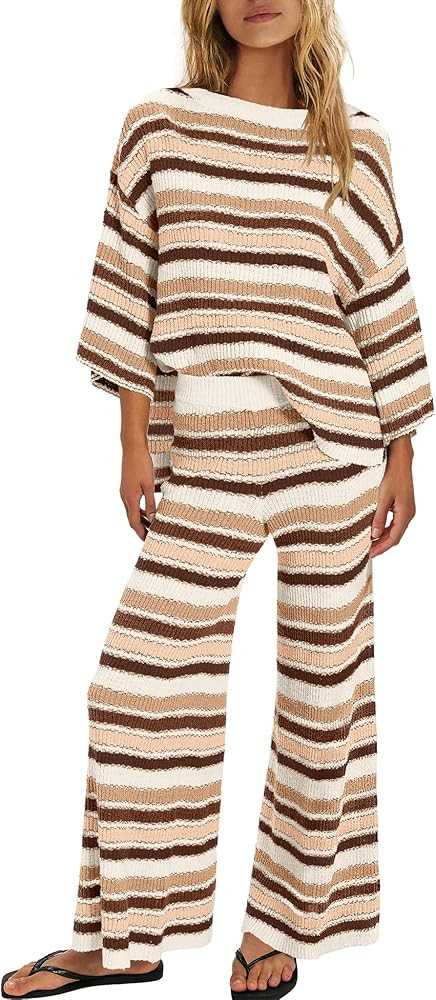 ReachMe Womens Oversized Striped 2 Piece Set Sweater and Wide Leg Pants with Pockets Pajama Loung... | Amazon (US)