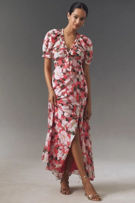 BHLDN Puff-Sleeve Bow-Front V-Neck Maxi Dress | Anthropologie (US)