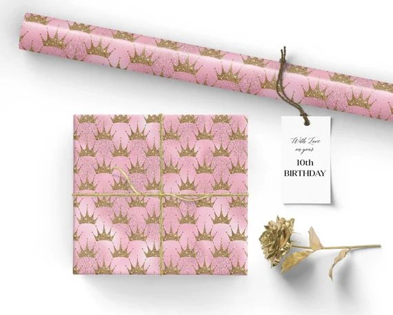 Princess Gift Wrap Royal Crown Pink and Gold Glitter Holiday | Etsy | Etsy (US)