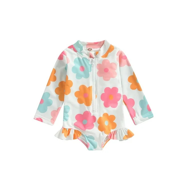 Kids Toddler Baby Girl Rash Guard Long Sleeve Ruffle Floral Print Surfing Swimsuit Zipper One Pie... | Walmart (US)