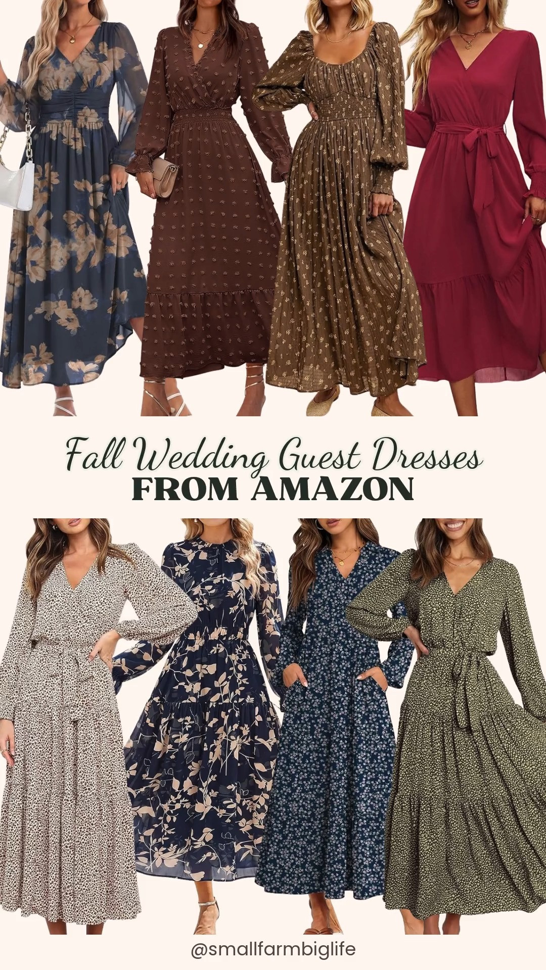 🍂 Fall Wedding Guest Dresses From Amazon

Long sleeve floral maxi dresses make easy fall wedding guest dresses, and these flowy boho styles from Amazon are elegant without trying too hard. Choose a long sleeve wrap maxi with a tiered ruffle skirt in cream and brown or olive green and cream, a wine red wrap V neck A line maxi, or a navy and tan chiffon dress with puff sleeves and a ruched empire waist. The brown floral chiffon maxi has a square neck and puff sleeves, and the coffee Swiss dot wrap maxi adds soft texture in a rich fall color. For a modest option with pockets, try the navy floral collared tiered maxi or the navy and beige mock neck chiffon dress with a smocked waist. Flowy chiffon, long sleeves, and modest lengths make these flattering fall dresses for women over 50. They work for outdoor and barn weddings, Thanksgiving dinner, and date night too.

#amazonfashion #amazonfinds #fallweddingguest #falldresses #maxidress 

 #LTKootd #LTKOver40 #LTKWedding