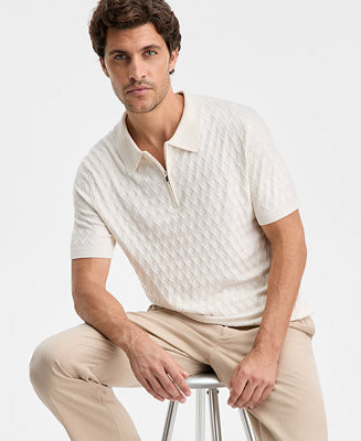 Men's Short-Sleeve Diamond Zip Polo Sweater, Macy's Exclusive | Macy's
