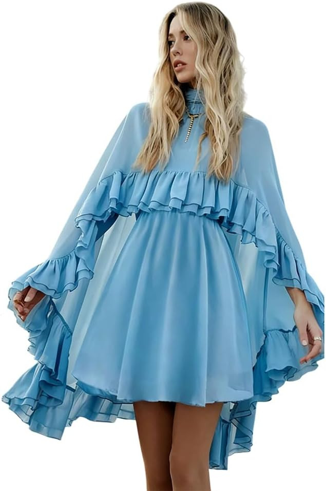 Women’s Semi Sheer Chiffon Ruffle Dress with Outer Cape, Poncho Sleeve Flowy Mini Dress, Loose ... | Amazon (US)