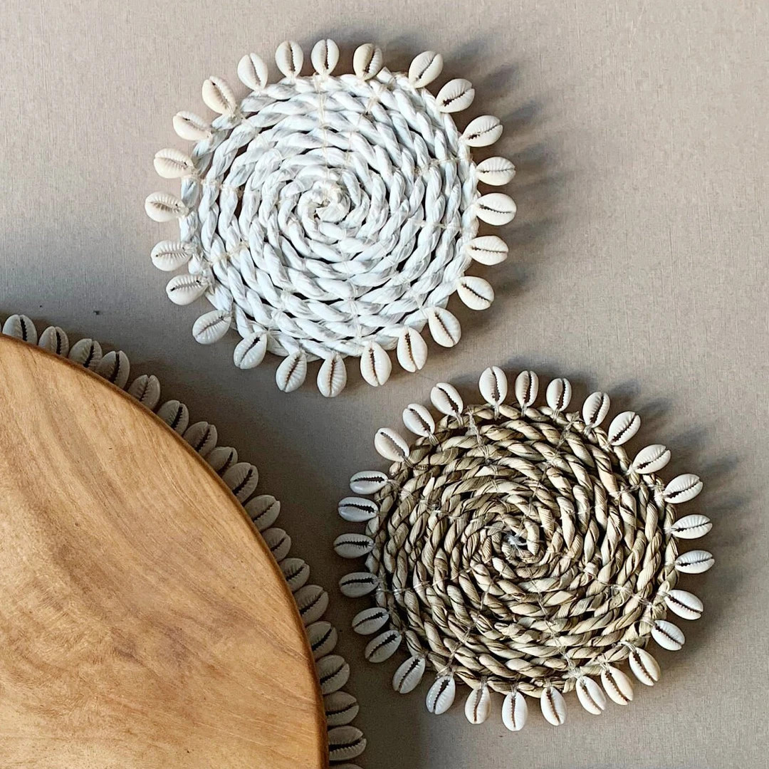 Shell Coaster with Cowrie Shells, round shell coaster, shell and rattan coaster, cowrie shell and... | Etsy (US)