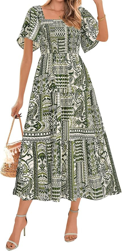 BTFBM Summer Floral Dress for Women 2025 Spring Boho Short Sleeve Square Neck Smocked Flowy Maxi ... | Amazon (US)