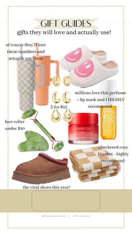 Beauty and fashion and home gift guide. Simple modern Stanley tumblers, smiley slippers, face roller, UGGs, viral perfume and lip mask, checker blanket, gold earrings 

#LTKGiftGuide #LTKHoliday #LTKfamily