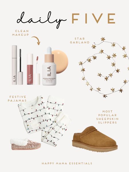 Friday faves k festive finds! Cute holiday/Christmas pajamas + girls slippers on SALE! The cozy Ugg slippers. Festive Star garland and my new fave nontox clean makeup! 

#LTKSeasonal #LTKunder100 #LTKunder50