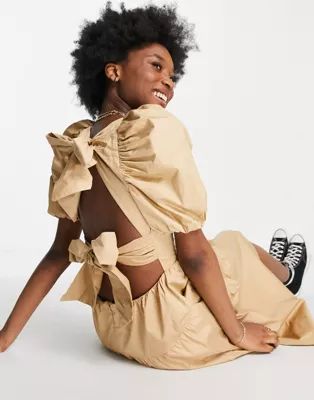 Bardot square neck puff sleeve midi dress with back detail in soft camel | ASOS (Global)