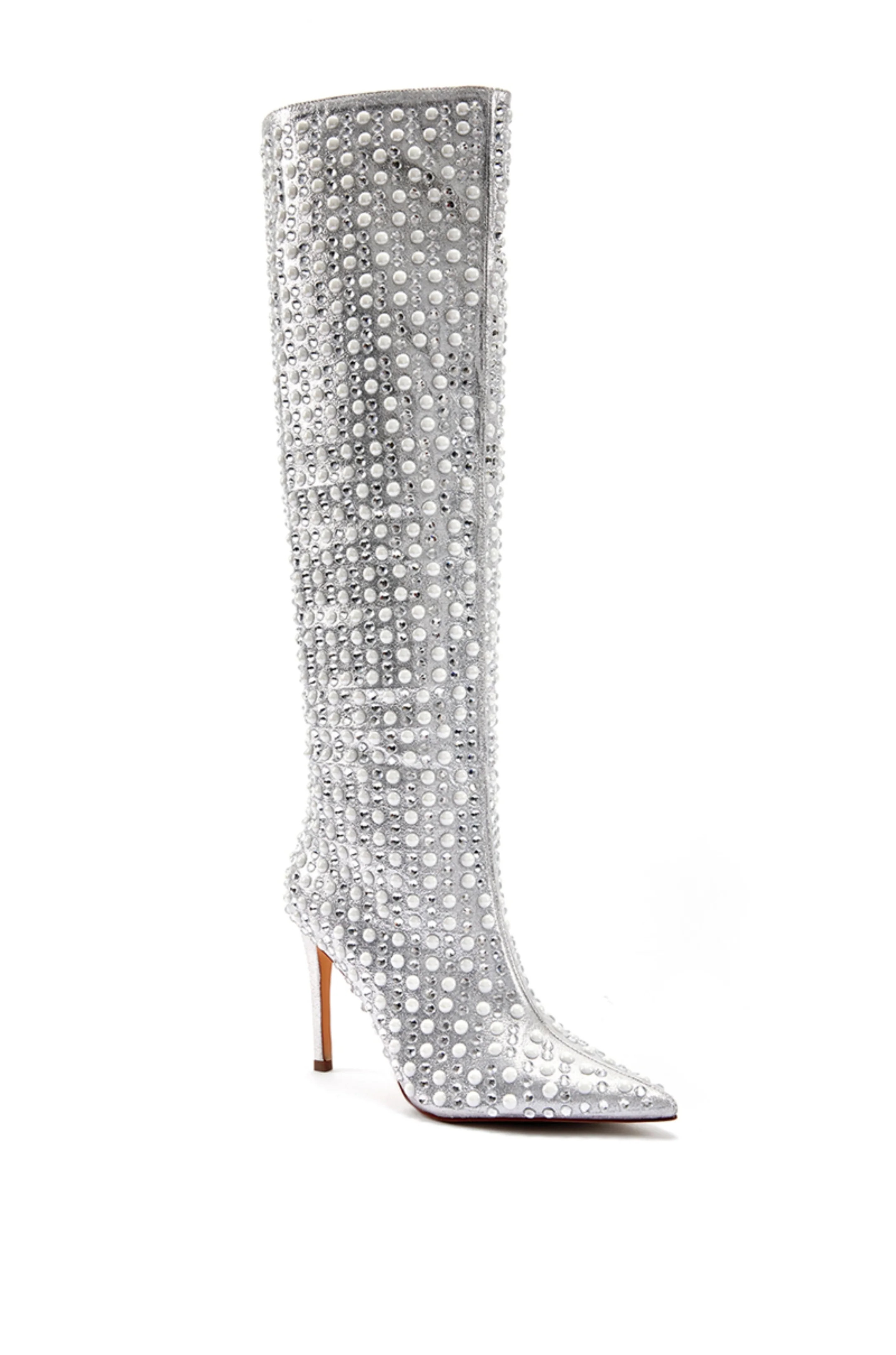 LYNLEE-SILVER PEARL KNEE-HIGH STILETTO BOOT | Azalea Wang