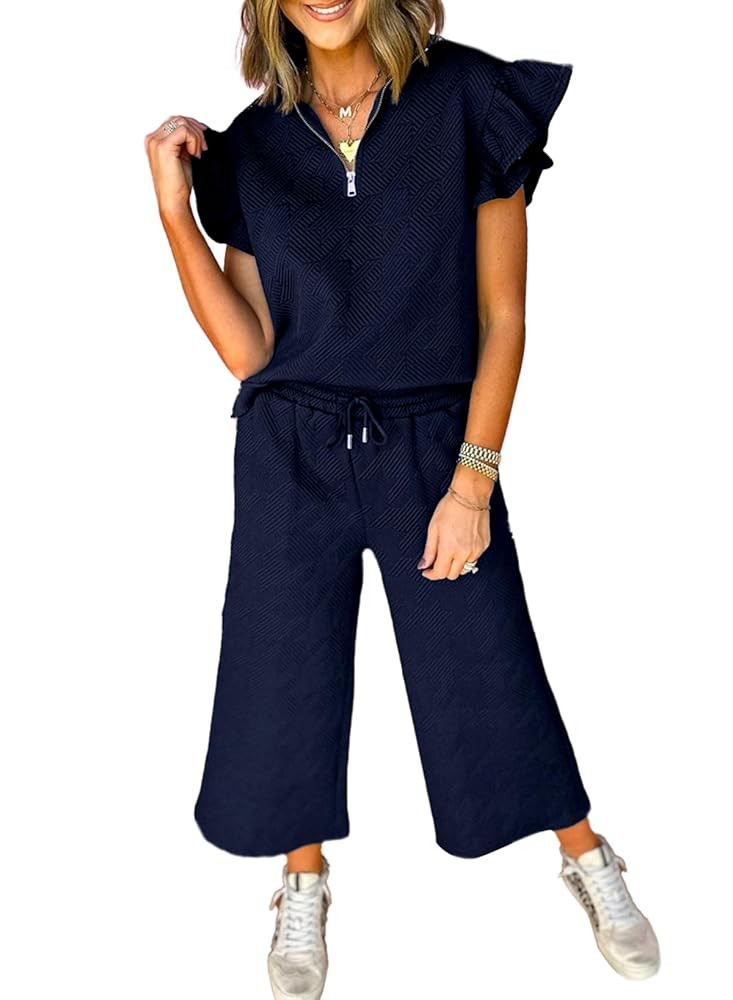 SHEWIN 2 Piece Sets Outfits for Women V Neck Collared Ruffle Short Sleeve Polo Shirts Quarter Zip... | Amazon (US)