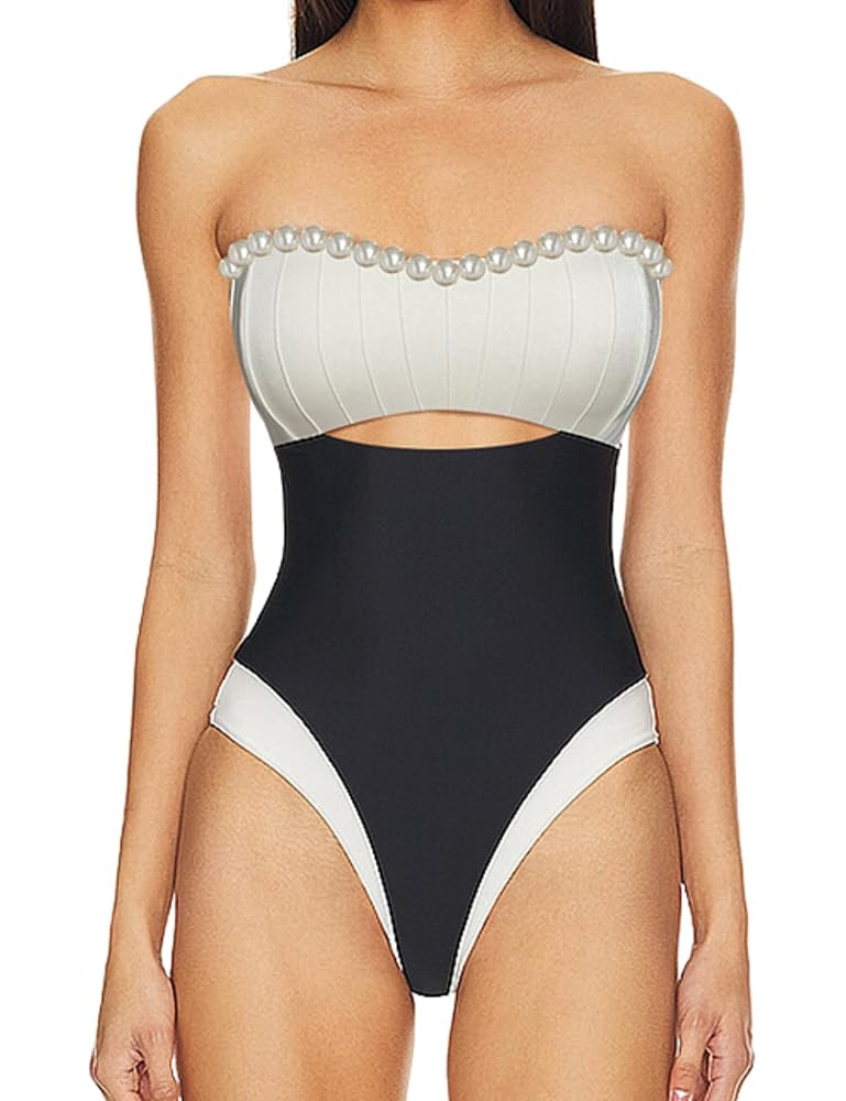 FLAXMAKER Women's One Piece Pearl Swimsuit Adjustable Back Lace-up Bathing Suit | Amazon (US)