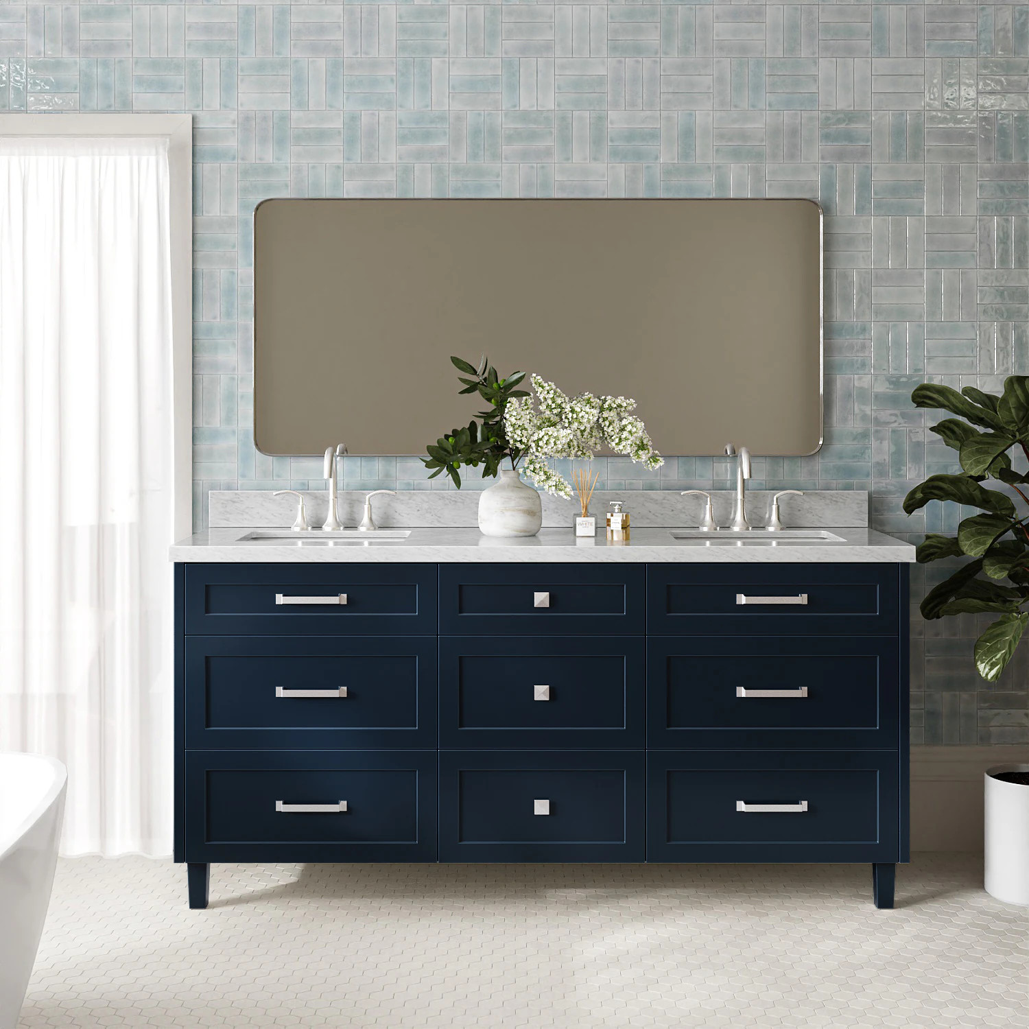 ARIEL Monroe 72-in Midnight Blue Undermount Double Sink Bathroom Vanity with Carrara White Marble Marble Top one_size | B73DCWRVOMNB | Lowe's