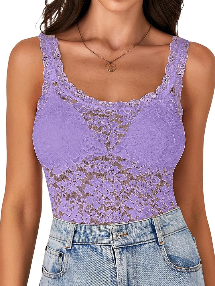 LYANER Women's Floral Lace Scallop Spaghetti Strap Sleeveless Sheer Tank Cami Top Blouse | Amazon (US)