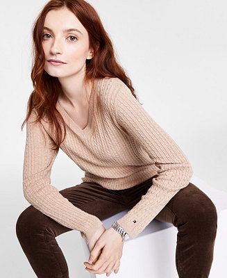 Tommy Hilfiger Ivy Cable V-Neck Sweater, Created for Macy's & Reviews - Sweaters - Women - Macy's | Macys (US)