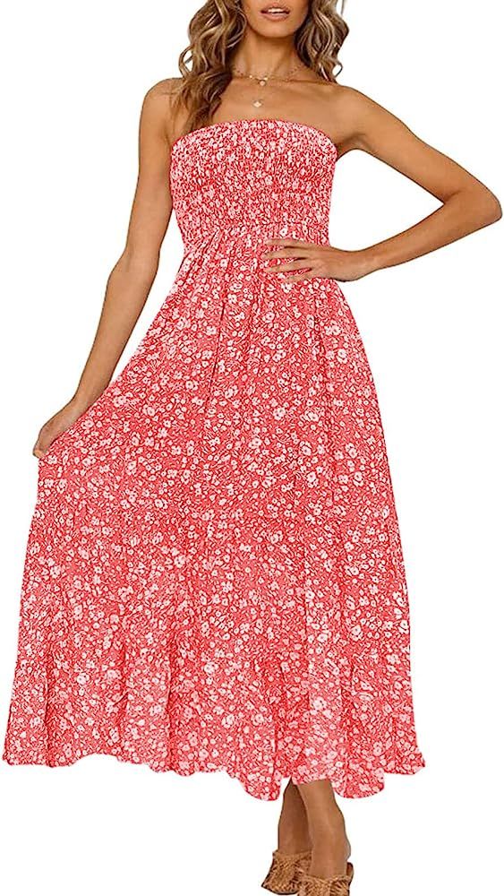 ZESICA Women's Summer Bohemian Floral Printed Strapless Beach Party Long Maxi Dress | Amazon (US)