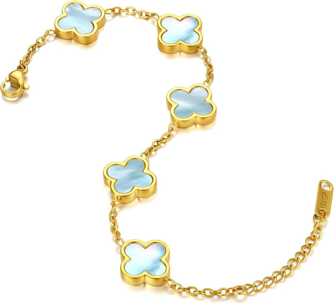 Genuine Mother of Pearl Four Leaf Clover Bracelet, 18K Gold Plated Dainty Jewelry, Lucky Charm Gi... | Amazon (US)