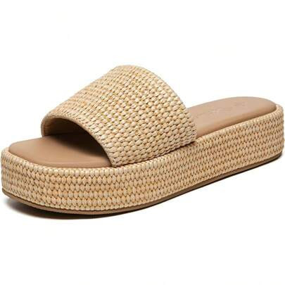 Stylish Women's Platform Raffia Slide Sandals Comfortable Open Toe Slip On Beach Slides Sandals For Summer Casual | SHEIN