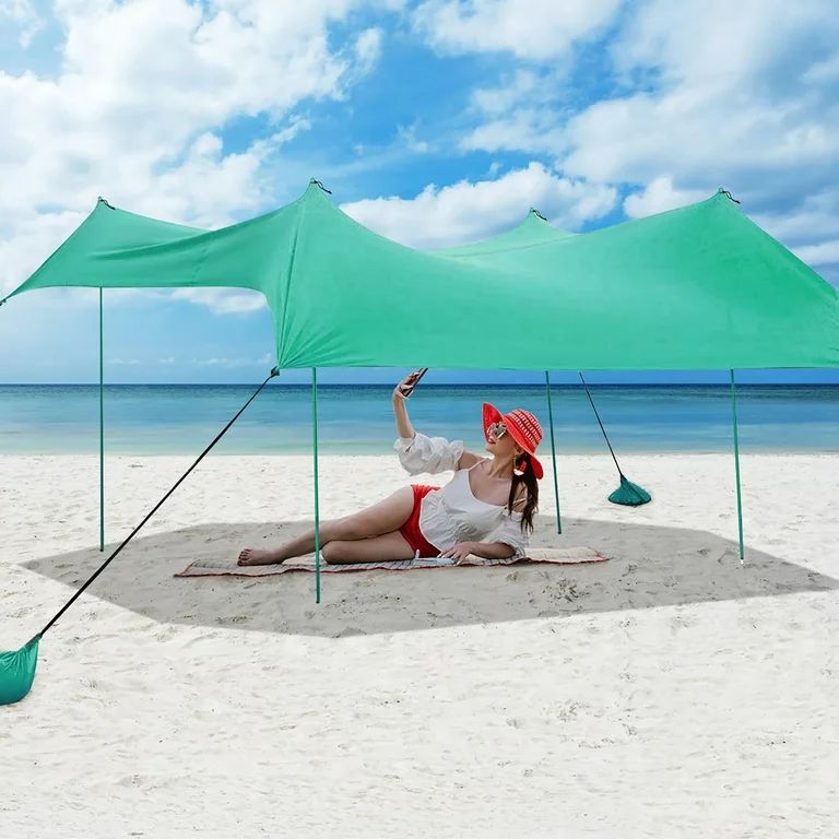 Costway Family Beach Tent Canopy w/ 4 Poles Sandbag Anchors 10'x9' UPF50+ Green | Walmart (US)
