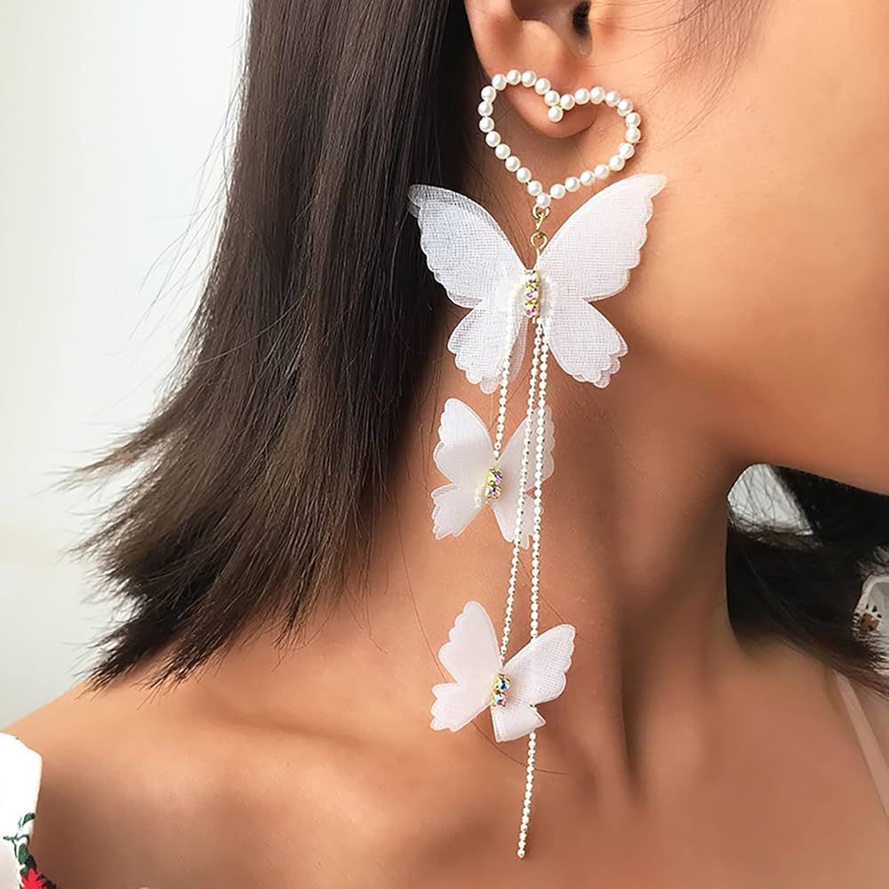 BUAJIUBUA White Butterfly Beaded Heart Earrings for Women Girls Dangle Drop Earrings Cute Earring | Amazon (US)