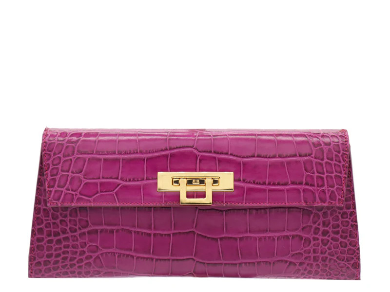 Fonteyn Clutch Orinoco 'Croc' Print Calf Leather Handbag - Cyclamen | Lalage Beaumont