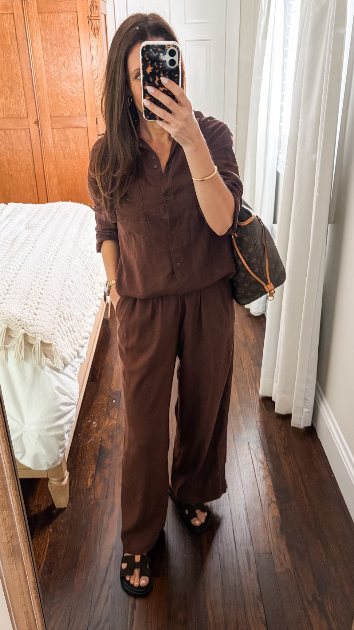 Affordable chocolate brown linen outfit from Old Navy!  Wearing an xs in both! Shoes are Steve Madden size 6.5.  True to size in all.

#LTKootd #LTKOver40 #LTKTravel