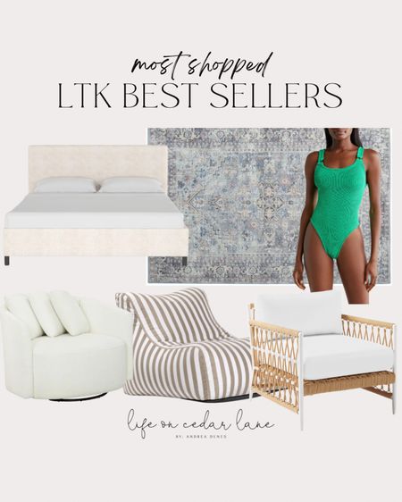 Weekly best sellers in home decor plus this cute one piece swimsuit! Featuring my platform bed, white swivel chair, outdoor chairs, and blue area rug 

#LTKstyletip #LTKhome