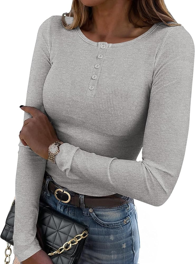 Zeagoo Women's Long Sleeve Shirts Henley Ribbed Knit Slim Fit Basic Tops Casual Trendy Clothes | Amazon (US)