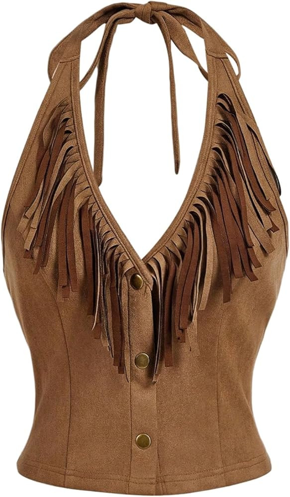 MakeMeChic Women's Suede Fringe Halter Crop Tops Tie Backless Button Down Western Cowgirl Top | Amazon (US)