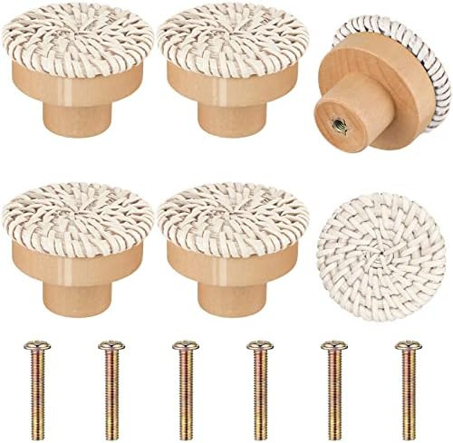 Boho Rattan Dresser Knobs Round Wooden Drawer Knobs Handmade Wicker Woven and Screws for Boho Furnit | Amazon (US)