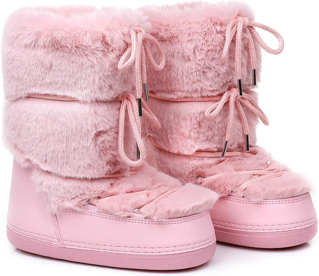Faux Fur Snow Boots for Women,Furry Fuzzy Fluffy Womens Boots Lace-up Winter Warm Fur Lined Mid-C... | Amazon (US)