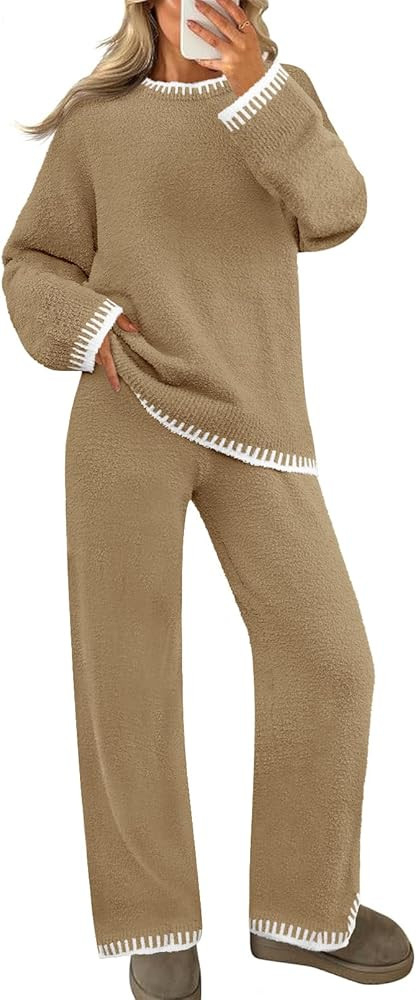 MEROKEETY Women's 2 Piece Fuzzy Fleece Lounge Sets Long Sleeve Top Wide Leg Pants Sweater Pajama ... | Amazon (US)
