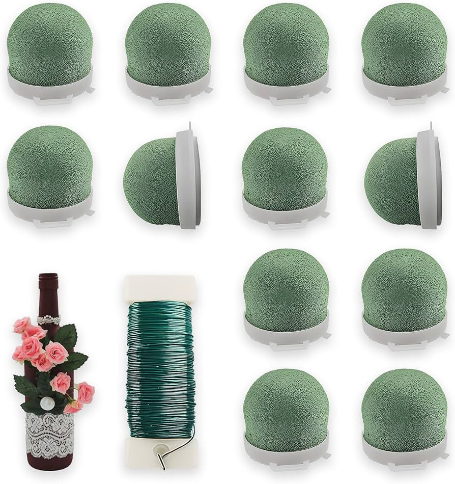 12 Pcs Mini Floral Foam Holder Floral Foam Round with 1 Roll Green Floral Wire Floral Foam Blocks... | Amazon (US)