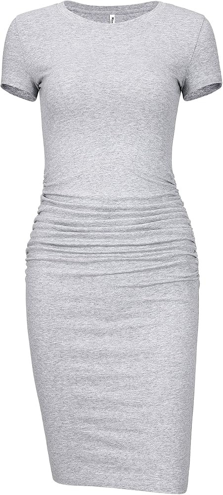 Missufeintl Women's Bodycon Ruched Short Sleeve T Shirt Midi Sundress Fitted Casual Dress | Amazon (US)